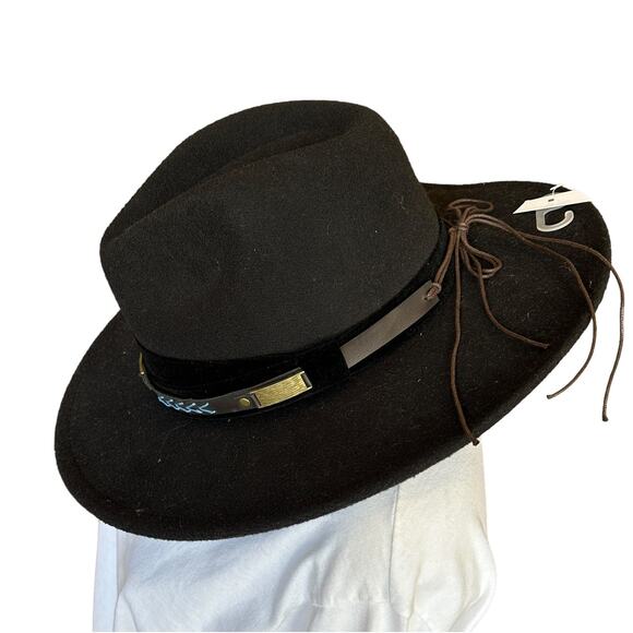 Black Felt Cowboy Hat Wide Flat Brim One Size Festival Hatband Cowgirl Vegan NEW - Picture 3 of 8